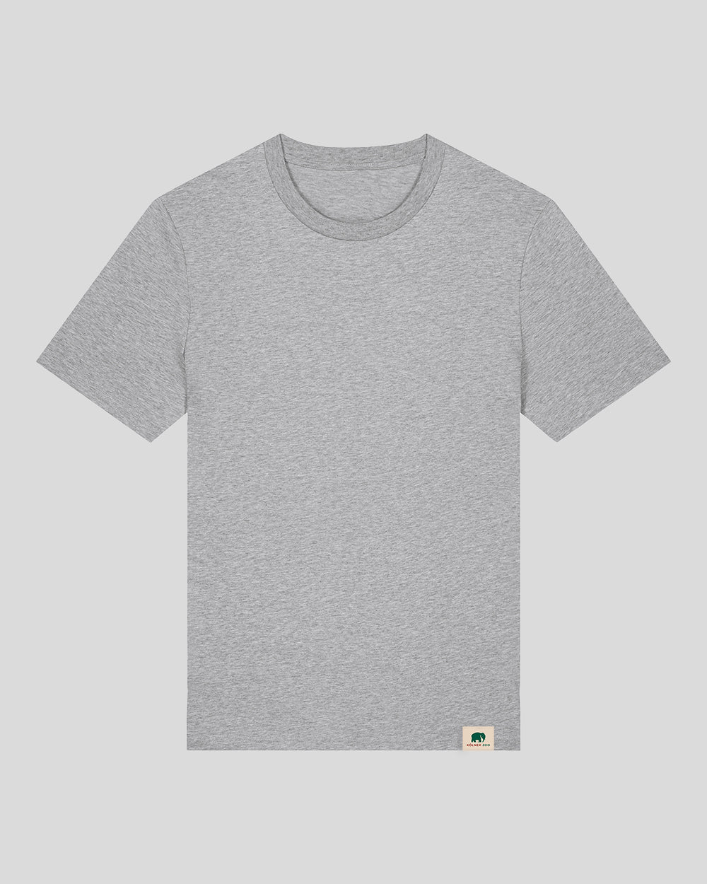 Hellgraues T-Shirt mit kurzen Ärmeln und Rundhalsausschnitt. Das Shirt hat einen geraden Schnitt und ist ohne Aufdruck. Am unteren Saum ist ein kleines Etikett mit Elefantensymbol und dem Schriftzug ‚Kölner Zoo‘ eingenäht.