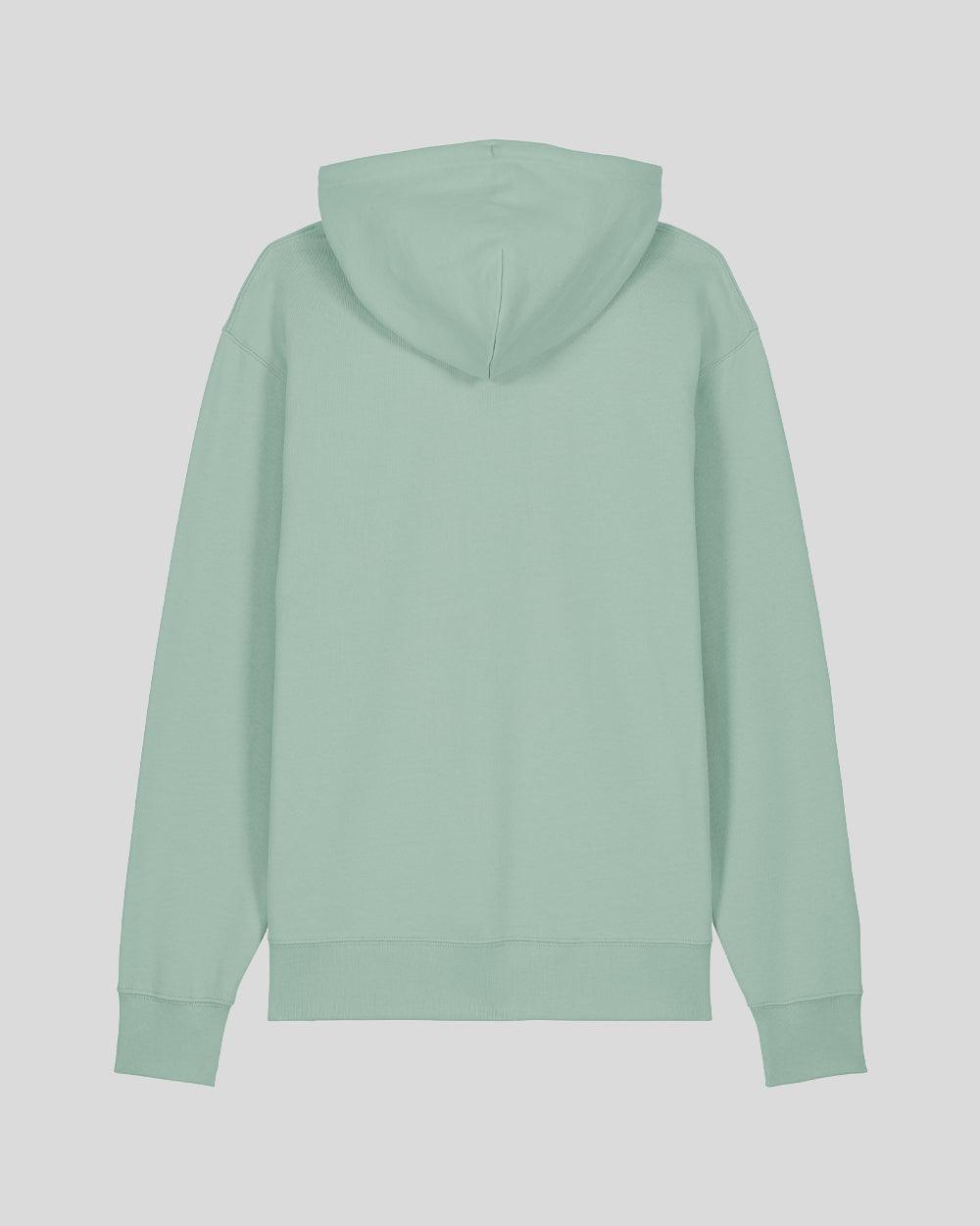 Hellgrüner Kapuzenpullover in schlichtem Design, Rückansicht ohne Aufdruck oder sichtbare Details. Der Hoodie besitzt eine angenähte Kapuze, lange Ärmel mit Bündchen sowie einen gerippten Saumabschluss.