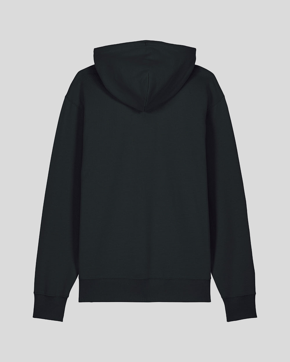 Schwarzer Kapuzenpullover in schlichtem Design, Rückansicht ohne Aufdruck oder sichtbare Details. Der Hoodie besitzt eine angenähte Kapuze, lange Ärmel mit Bündchen sowie einen gerippten Saumabschluss.