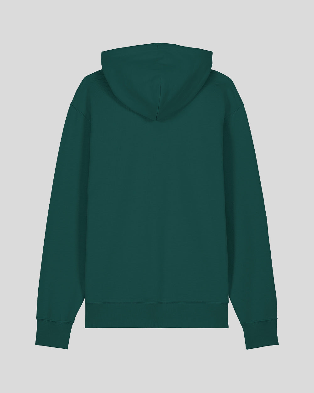 Dunkelgrüner Kapuzenpullover in schlichtem Design, Rückansicht ohne Aufdruck oder sichtbare Details. Der Hoodie besitzt eine angenähte Kapuze, lange Ärmel mit Bündchen sowie einen gerippten Saumabschluss.