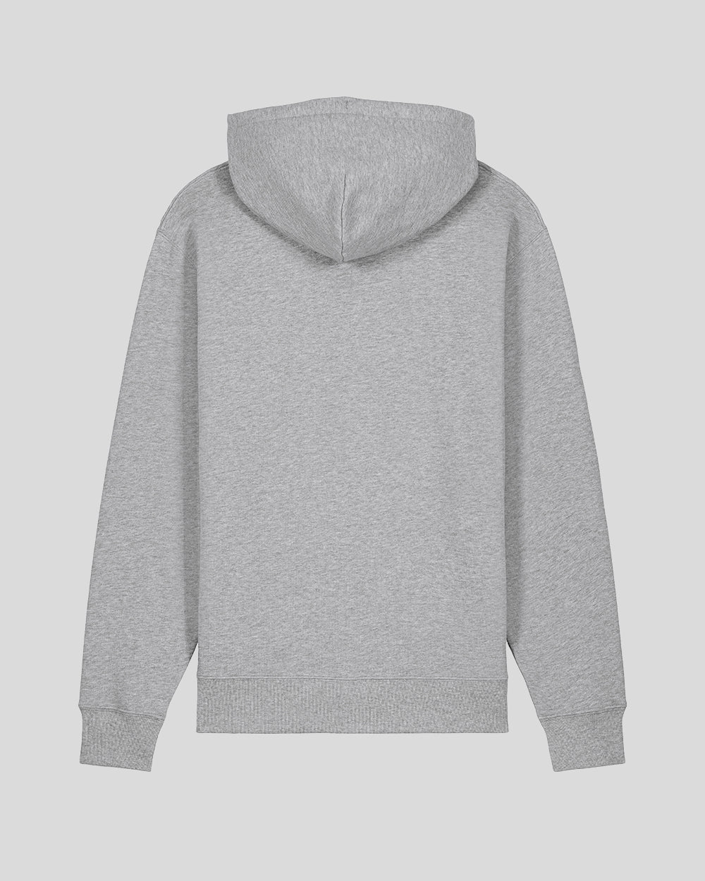 Hellgrauer Kapuzenpullover in schlichtem Design, Rückansicht ohne Aufdruck oder sichtbare Details. Der Hoodie besitzt eine angenähte Kapuze, lange Ärmel mit Bündchen sowie einen gerippten Saumabschluss.