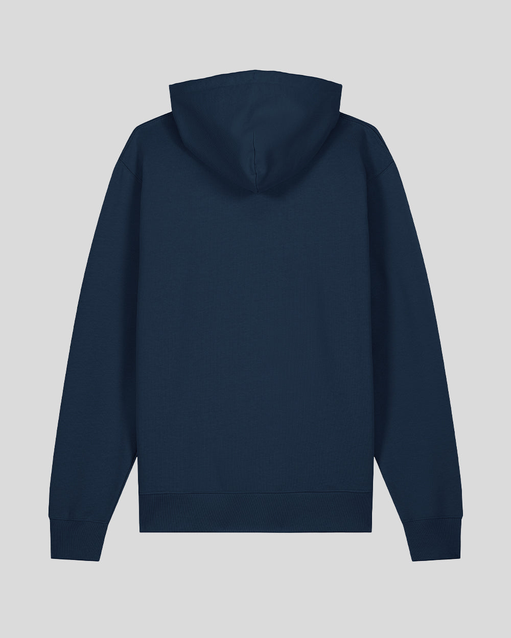 Dunkelblauer Kapuzenpullover in schlichtem Design, Rückansicht ohne Aufdruck oder sichtbare Details. Der Hoodie besitzt eine angenähte Kapuze, lange Ärmel mit Bündchen sowie einen gerippten Saumabschluss.