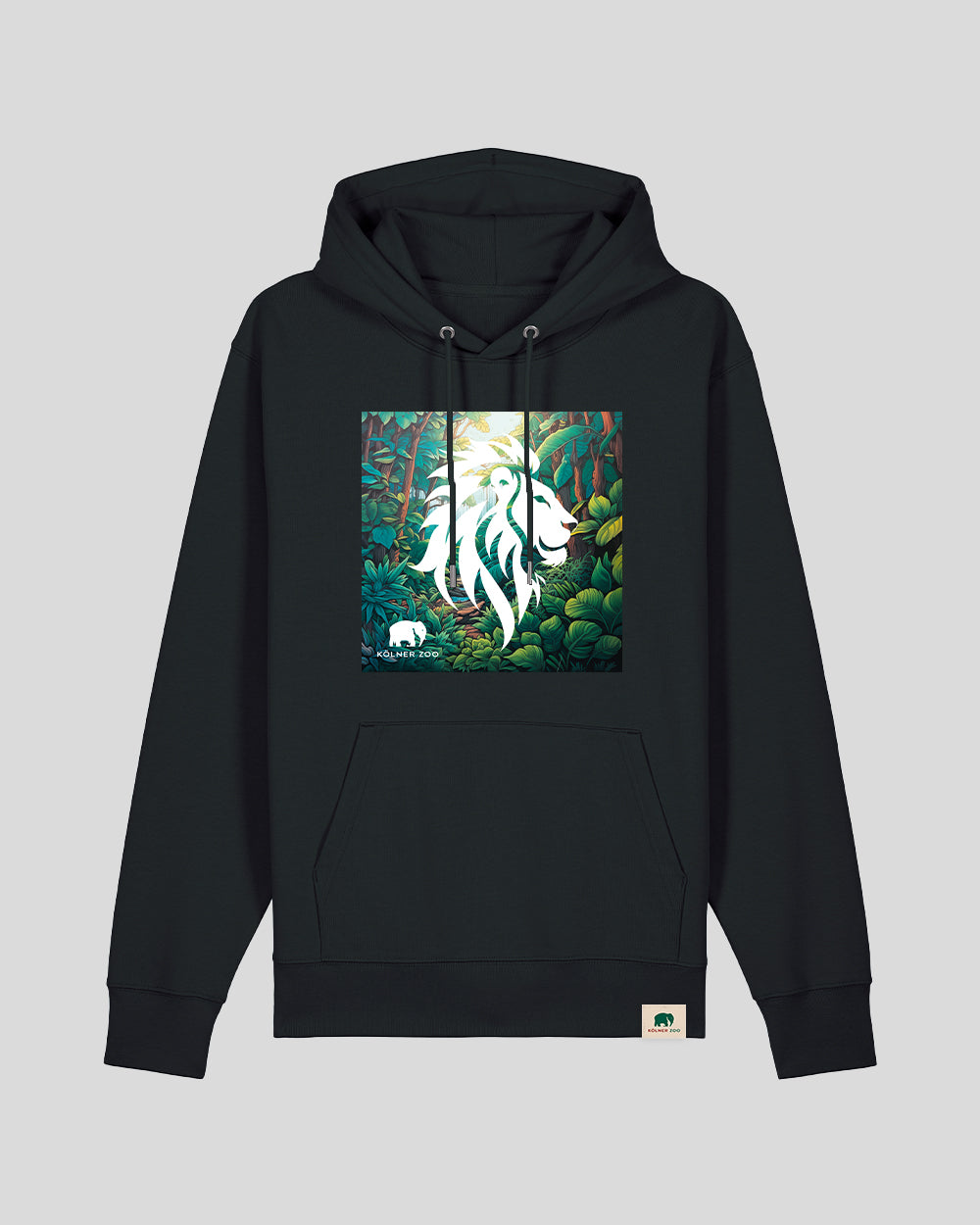 Schwarzes Hoodie mit schlichtem Design und ohne Aufdruck auf der Vorderseite. Am unteren rechten Saum befindet sich ein kleines, beiges Label mit einem grünen Elefantenlogo und der Aufschrift „Kölner Zoo“