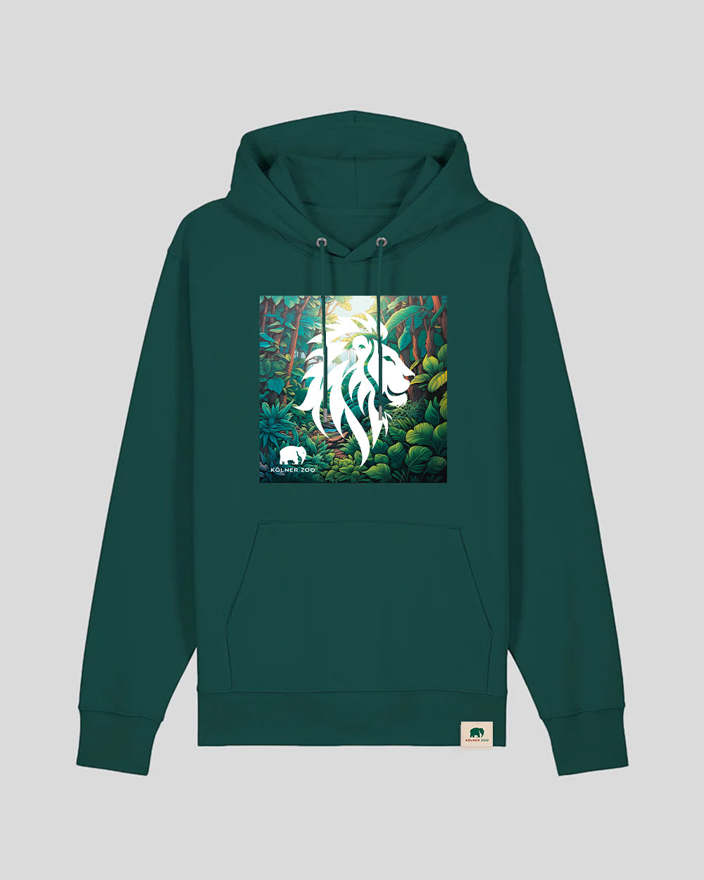 Dunkelgrüner Hoodie mit schlichtem Design und ohne Aufdruck auf der Vorderseite. Am unteren rechten Saum befindet sich ein kleines, beiges Label mit einem grünen Elefantenlogo und der Aufschrift „Kölner Zoo“
