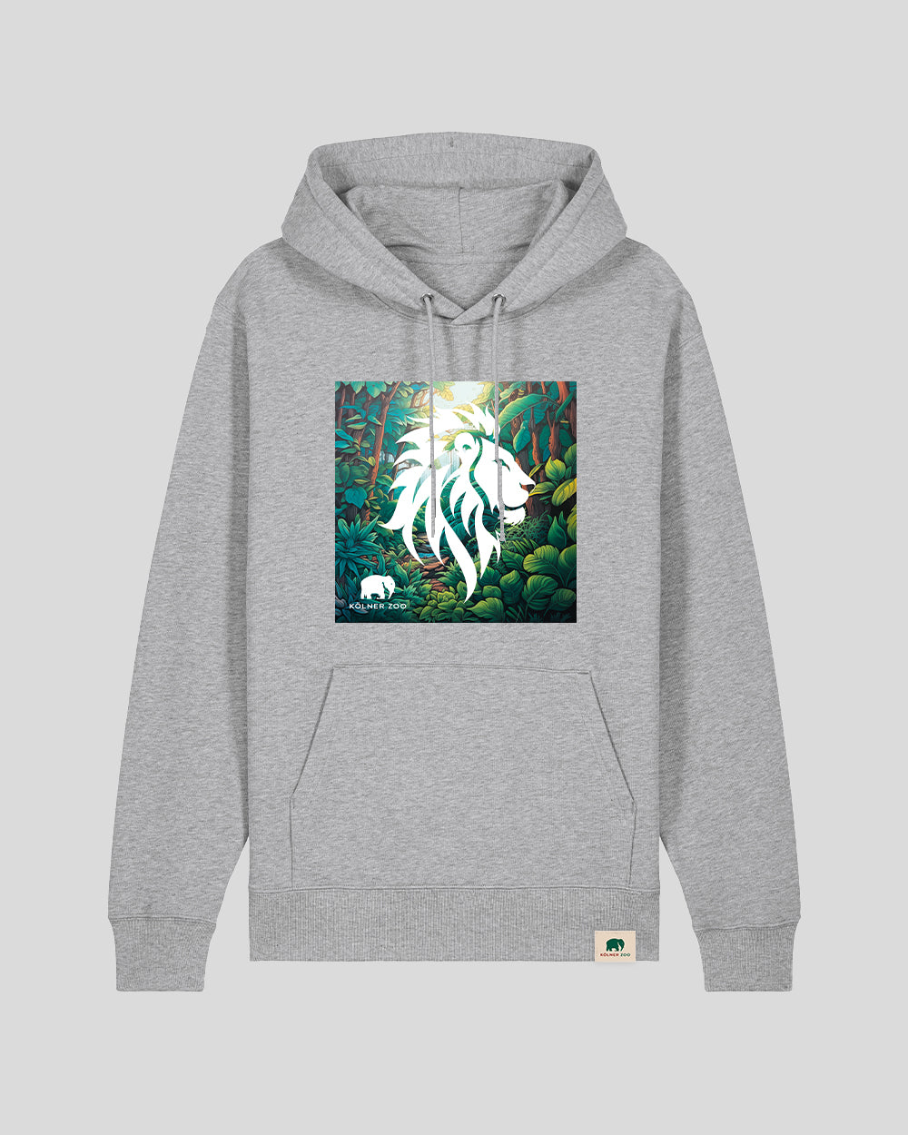 Hellgrauer Hoodie mit schlichtem Design und ohne Aufdruck auf der Vorderseite. Am unteren rechten Saum befindet sich ein kleines, beiges Label mit einem grünen Elefantenlogo und der Aufschrift „Kölner Zoo“