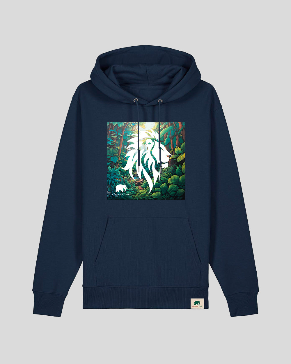 Dunkelblauer Hoodie mit schlichtem Design und ohne Aufdruck auf der Vorderseite. Am unteren rechten Saum befindet sich ein kleines, beiges Label mit einem grünen Elefantenlogo und der Aufschrift „Kölner Zoo“