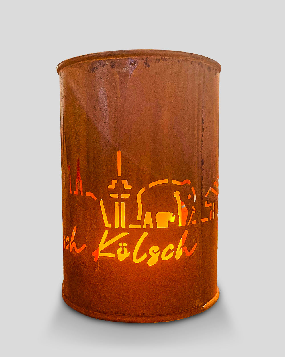 Solarfackel mit Kölner Skyline Ausstanzung und einer geschwungenen Schrift "tierisch Kölsch"